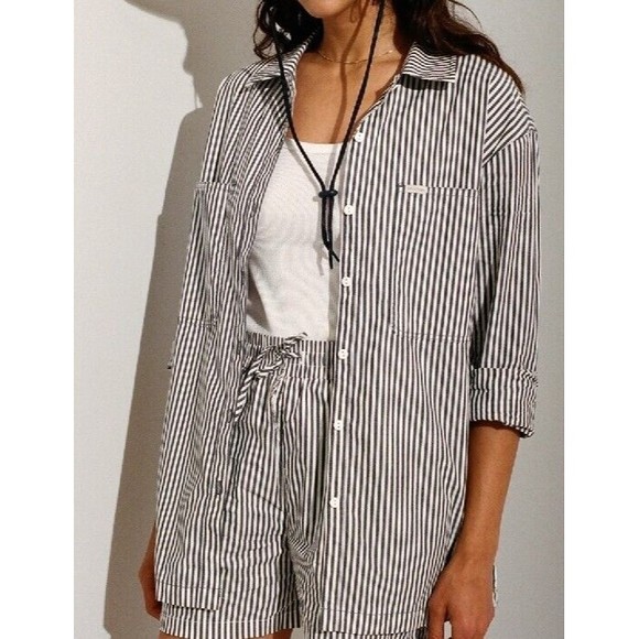 Brixton Bowery Overshirt Button Up Long Sleeve Navy Striped Shirt Sz M NWT - Picture 5 of 10